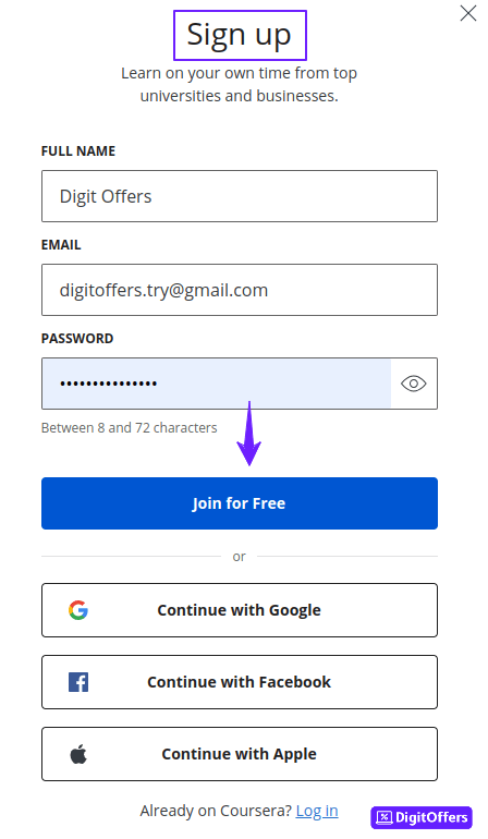 Coursera Log in page