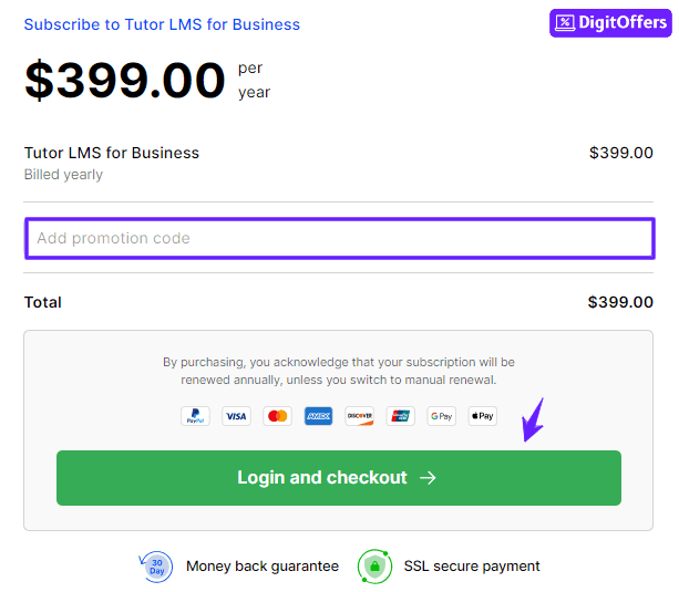 Enter Tutor LMS Promotion code and get discount
