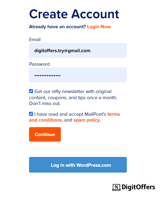Create account on MailPoet