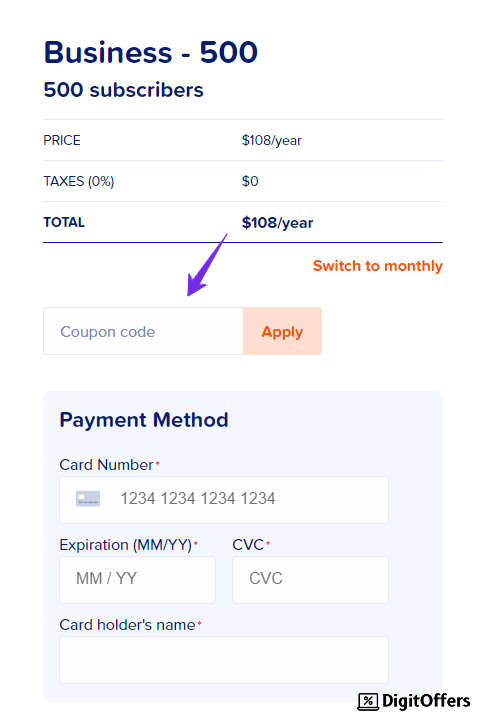 Apply MailPoet Coupon Code here and  make Payment