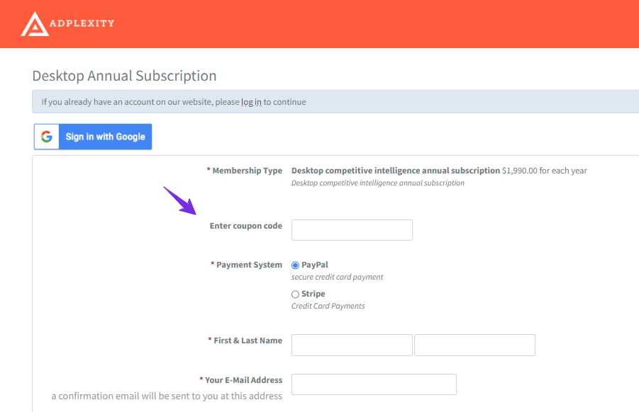 Apply AdPlexity Coupon Code on Sign Up Page